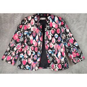 Kasper Jacket Womens Size 8 Pink Black Abstract Brushstroke Open Front Blazer